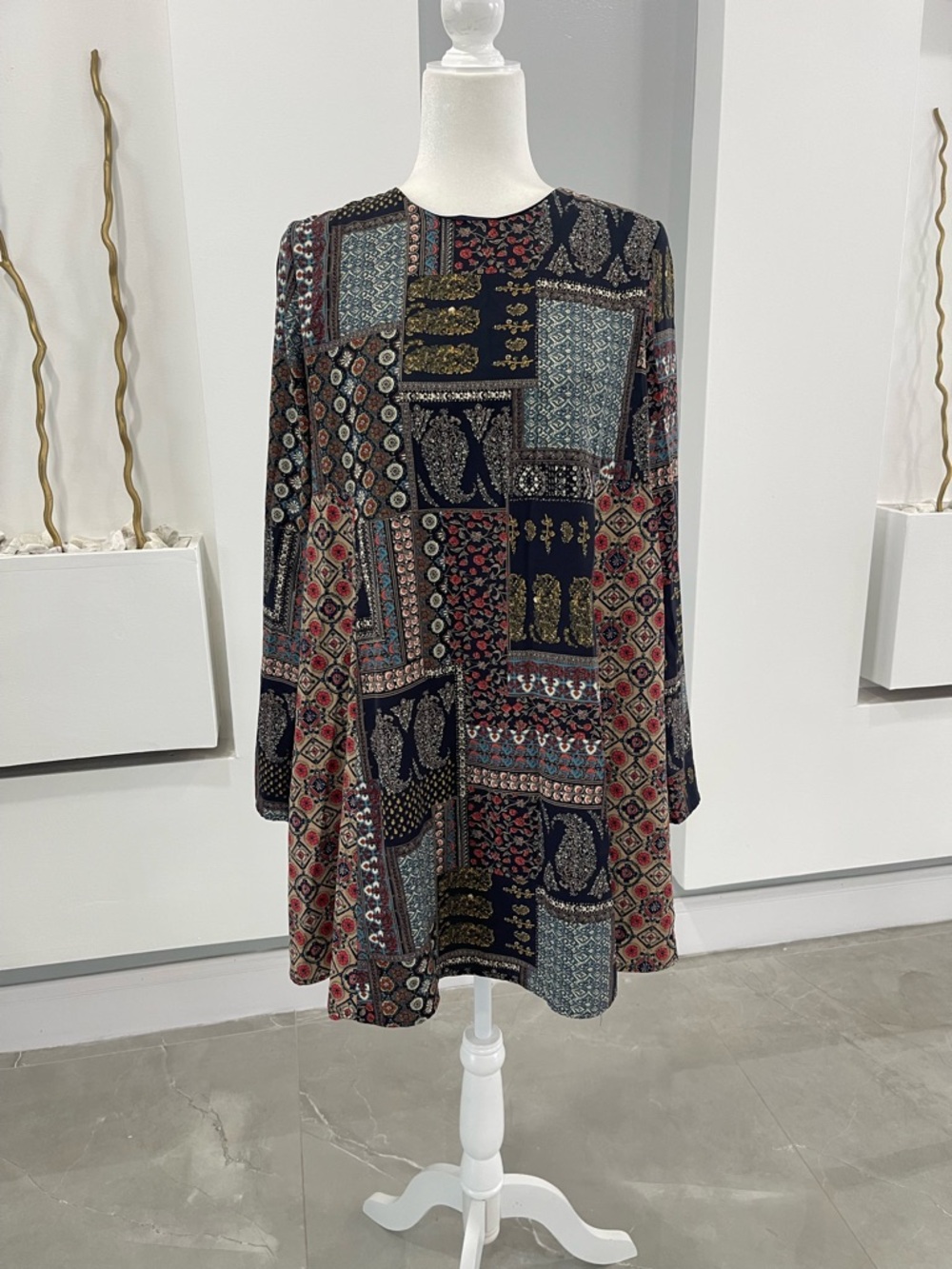 dee elle Navy Patchwork-Print Long Sleeve Tunic Dress